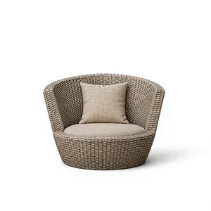 Chaise de jardin contemporaine en rotin avec coussin beige, mobilier d'extérieur rond, siège confortable pour patio et loisirs - Product Image 1