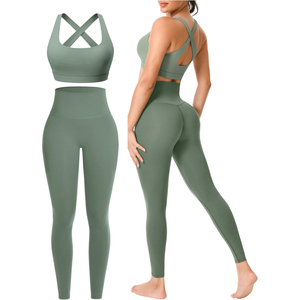 <b>Black</b> 2-Piece Yoga <b>Set</b> High-Waist Leggings Crisscross Sports Bra Seamless Full-Length Solid Breathable Quick-Dry Eco-Friendly - Product Image 4