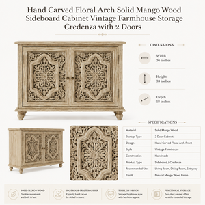 Hand Carved Eco-Friendly Durable Floral Arch Solid Mango Wood Sideboard <b>Cabinet</b> Vintage Farmhouse Storage Credenza with 2 Doors - Product Image 6