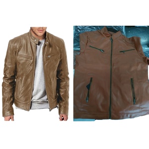 <b>Men's</b> Genuine Leather Slim Fit Stand Collar Motorcycle Varsity <b>Jacket</b> Breathable Winter Anti-wind Sherpa <b>Lined</b> <b>Fur</b> Trim - Product Image 2