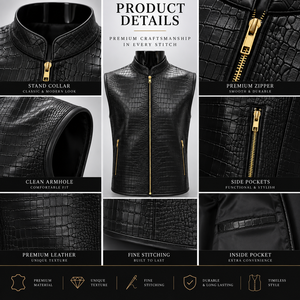 <b>Men's</b> Genuine Leather Crocodile Pattern Stand Collar <b>Vest</b> Biker Zipper Waistcoat - Product Image 4