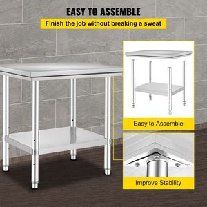 Table de préparation robuste 24 x 30 x 31 pouces, plan de travail en acier inoxydable, capacité de charge de 700 lb avec 3 niveaux de hauteur réglables - Product Image 6