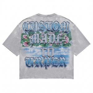 เสื้อยืดคอกลมแขนสั้นสีเทาฟอกกรดทรงโอเวอร์ไซส์สำหรับผู้ชาย ลายกราฟิกหัวกะโหลกหุ่นยนต์กับดอกกุหลาบ สไตล์สตรีท - Product Image 2