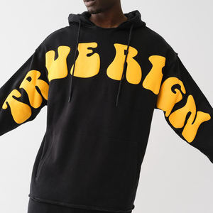 Sweat-shirt à capuche oversize noir pour homme avec imprimé lettres jaunes en molleton de coton, style décontracté, pour l'automne, vente en gros, sweat-shirt à capuche imprimé en relief - Product Image 5