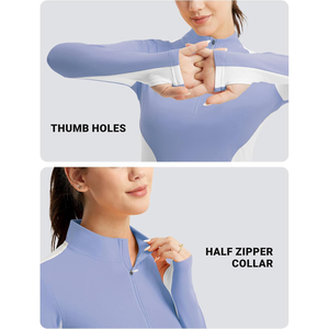 Camiseta de equitación de manga larga morada para mujer, la más vendida, con media cremallera, bloques de color, malla de secado rápido, top ecuestre, ropa para montar a caballo, OEM ODM - Product Image 2