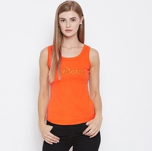 Débardeur orange à col rond pour femme, couleur unie, respirant, tricoté, vêtement de sport, logo imprimé par transfert thermique sur le devant, style décontracté - Product Image 1