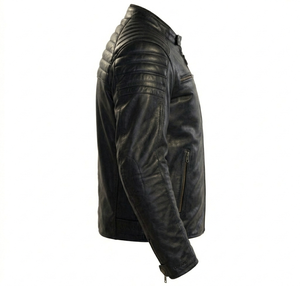 แจ็คเก็ตหนังแท้สีดำสไตล์วินเทจสำหรับผู้หญิง แบบคาเฟ่เรเซอร์ กันลมสำหรับฤดูหนาว บุผ้าควิลท์ที่ไหล่ หนังแกะและหนังวัวคุณภาพพรีเมียม - Product Image 3