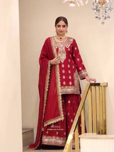 Traje Salwar Kameez Rojo Bordado para Mujer, Ropa Tradicional de Boda, Estilo Indio Pakistaní, Vestido de Poliéster hasta el Tobillo - Product Image 3
