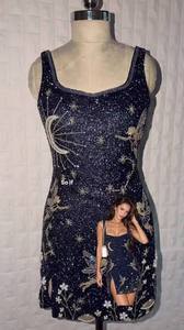 Light Blue Floral Beaded Sequin Mini Dress Square Neck Wide Strap Sleeveless <b>Womens</b> Evening Party Wear Bodycon <b>Sundress</b> Outfit - Product Image 2