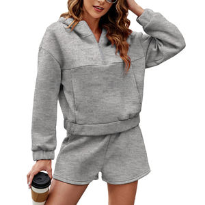 Womens <b>Half</b> <b>Zip</b> Fleece 100% Cotton Streetwear 2 Piece Loungewear Matching Outfit Pullover <b>Sweatshirt</b> & Shorts Set - Product Image 1