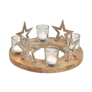 Couronne d'avent en bois avec 4 bougeoirs en verre pour bougies chauffe-plat, étoile en métal argenté, centre de table de Noël - Product Image 1