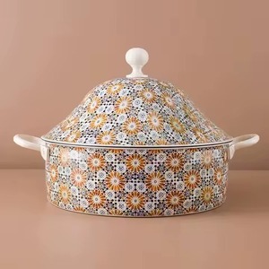 Round <b>Ceramic</b> Casserole With Stainless Steel Lid Vintage Enamel Design Durable For Gas And Induction Cookers - Product Image 5