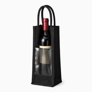 Bolsa de Yute Negra para Botellas de Vino con Ventana Transparente, Reutilizable, Ecológica, para Regalos - Product Image 1