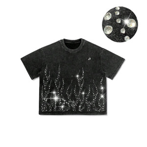 เสื้อยืดผู้ชายลายคลื่นวิบวับ ตกแต่งด้วยคริสตัล ทรงหลวมสไตล์ฮิปฮอป วินเทจ ผ้าคอตตอนหนา ทรงบ็อกซี่ รับผลิตแบบ OEM - Product Image 1