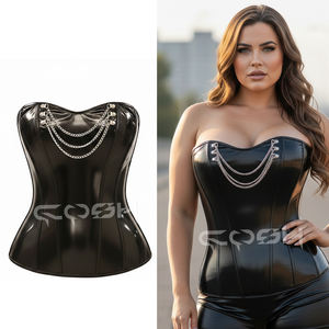 Custom OEM Black Shiny Vinyl <b>PVC</b> Overbust <b>Corset</b> Bustier with Silver Chain Front – Heavy Duty Waist Training <b>Corset</b> for Women - Product Image 1