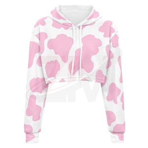 New Arrivals Pink <b>Cow</b> <b>Print</b> Cropped <b>Hoodie</b> For Women's Y2K Style Soft Breathable Fabric Oversized Casual Streetwear Pullover - Product Image 4