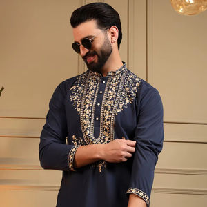 Conjunto de Kurta y Pijama Tradicional Festivo para Hombre, de Seda Bordada de Diseño, Túnica Azul con Adornos Zari en Cuello y Puños, Ropa Étnica al por Mayor - Product Image 1