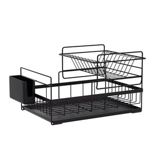 Égouttoir à vaisselle noir à 2 niveaux avec plateau de drainage et porte-couverts, organisateur de séchage en métal pour cuisine - Product Image 2