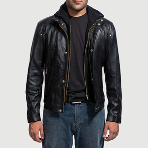 Blouson moto à capuche en cuir véritable noir pour homme, fermeture éclair, coupe classique, style automne, couleur unie, vêtement d'extérieur - Product Image 1