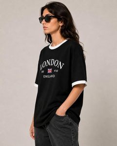 <b>London</b> England Print Women's Loose Fit Crew Neck <b>T</b>-<b>Shirt</b> Black White Trim Casual Style 100% Cotton Jersey Short Sleeve - Product Image 2