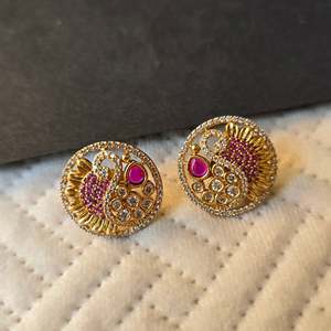 18K Gold Plated Peacock Round Stud Earrings with Diamond Accent - Product Image 3