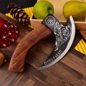 Couteau à pizza artisanal de style viking en acier au carbone, mini hache, manche en bois de rose, étui en cuir, OEM ODM, vente chaude, personnalisable - Product Image 1