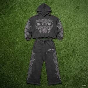 Conjunto de Sudadera con Capucha y Pantalones Jogger Personalizados con Pedrería, de Algodón Lavado y Felpa, Dos Piezas, Estilo Urbano, Venta al Por Mayor OEM - Product Image 5