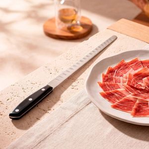 Couteaux à découper longs avec manche noir à triple rivet, lame argentée à bord creux pour trancher le jambon et la viande en cuisine - Product Image 5