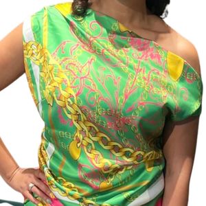 Haut asymétrique imprimé vert et rose pour femme – Blouse décontractée à manches courtes, tendance estivale, vêtement élégant pour femme - Product Image 4