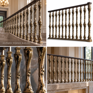 Rampe d'escalier de style antique tournée avec balustres décoratifs coniques, main courante et balustrade métalliques - Product Image 4