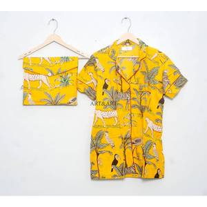 Ensemble de pyjama court élégant 100 % coton fait main pour femme, décontracté, printemps-été, avec sac assorti, respirant, séchage rapide, usage quotidien, devant - Product Image 4