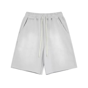 Men's 100% Cotton French Terry Fleece Solid Mid Acid Washed Sweat Shorts Sun Faded Raw Edges <b>Spray</b> Faded Breathable Knitted Fit - Product Image 4