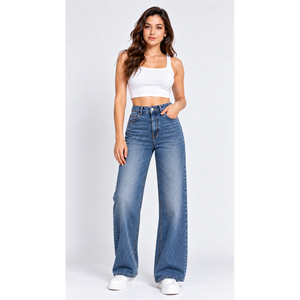 Jean bootcut taille haute pour femme avec boucle de ceinture centrale fendue bleu moyen - Vente en gros - Product Image 1
