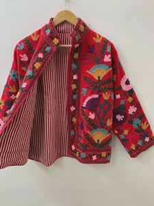 Veste en velours rouge brodée à manches longues, col mandarin, motif floral, automne, taille plus, style bohème pour femmes - Product Image 3