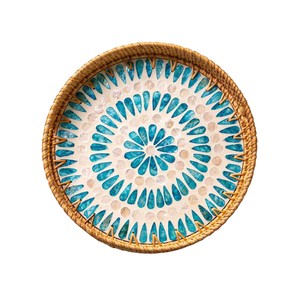 Bandeja Redonda de Ratán con Mosaico de Conchas Azul Océano, Tabla de Servir con Incrustaciones de Perlas, Cesta Decorativa para Almacenamiento de Alimentos, Plato Colgante de Pared - Product Image 1