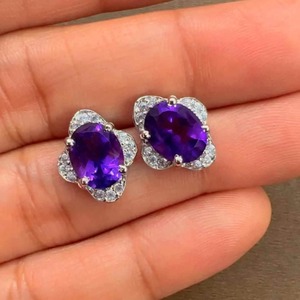 Rhaya Jewels <b>Sterling</b> <b>Silver</b> Rhodium Plated Classic Romantic Floral Amethyst <b>Stud</b> Earrings CZ Halo Model 680 Wedding Engagement - Product Image 2