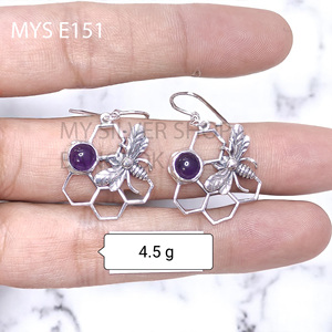 Boucles d'oreilles fines en argent sterling 925 avec améthyste naturelle cabochon MYS-E151, prêtes à être expédiées, en stock, faible MOQ, bijoux indiens pour femmes - Product Image 1