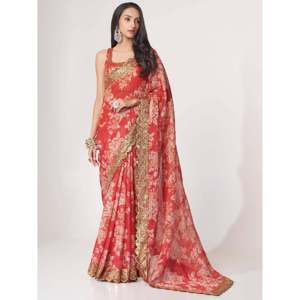 Gorgeous <b>Red</b> Floral Print Organza Wedding Saree with <b>Blouse</b> for Wedding Apparel - Product Image 2