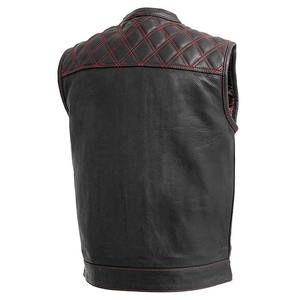 Chaleco de Cuero Genuino para Hombre, Estilo Motero, con Costuras Rojas, Cierre de Cremallera, Color Sólido, Prenda Exterior - Product Image 4