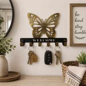 SHUBHAM - Porta Llaves de Pared con Diseño de Mariposa, Estilo Art Deco, Hecho a Mano, de Latón, Organizador de Almacenamiento con Gancho de Bienvenida para la Entrada - Product Image 1