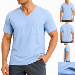 Custom Men's Gray V-Neck Short Sleeve T-<b>Shirt</b> Casual Regular Fit Jersey Knit Soft Breathable Chest Pocket Tee - Product Image 3