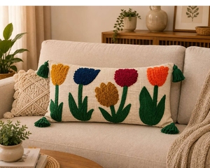 Handmade Cotton Tufted Embroidered Lumbar <b>Pillow</b> Floral Tulip Boho <b>Decorative</b> Cushion Tassels Eco-Friendly Removable Washable - Product Image 1