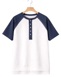 เสื้อยืดแขนสั้นผู้หญิงสีขาวกรมท่า แขนเสื้อแบบแร็กแลน ผ้าฝ้ายผสม แขนสั้น สวมใส่สบาย น้ำหนักเบา เหมาะสำหรับฤดูร้อน - Product Image 1