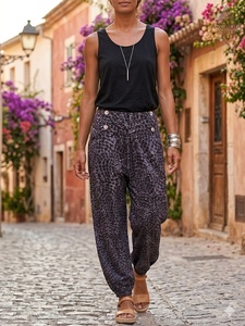 High waist <b>harem</b> pants 100% cotton loose pants Eco-friendly breathable <b>trousers</b> Elastic waist printed pants - Product Image 4