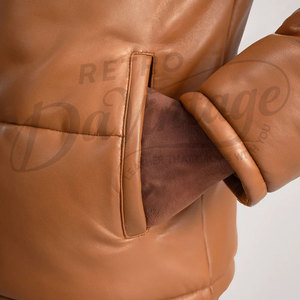 Premium Men's Brown Puffer <b>Leather</b> <b>Jacket</b> with Removable Hood Warm Quilted Winter Coat Windproof Outdoor Casual Outerwear - Product Image 1