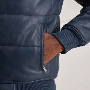 Chaqueta de Cuero Azul Marino Premium para Hombre, Ajustada, con Cuello Alto, Acolchada, de Invierno, Chaqueta Bomber de Cuero Sintético - Product Image 6