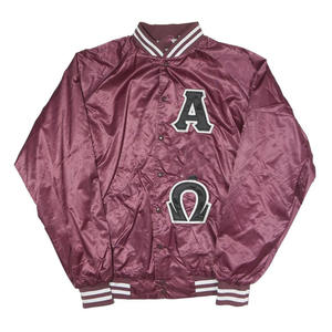 Pour |   Psi |   Blouson Bomber en Satin Marron pour Femme Omega Sorority, Lettres Grecques Audacieuses Roses et Vertes, Logo Frontal, Coupe-Vent Unisexe - Product Image 1