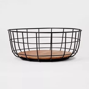 Round <b>Metal</b> and Wood <b>Storage</b> <b>Baskets</b> for Fruits and Kitchenware for Organizing Tableware - Product Image 1