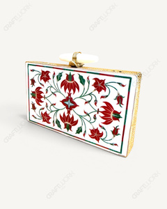 Pochette en marbre blanc naturel |   Minaudière artisanale à incrustations florales |   Sac de soirée de luxe pour mariée, sac de créateur orné de pierres pour femme - Product Image 3