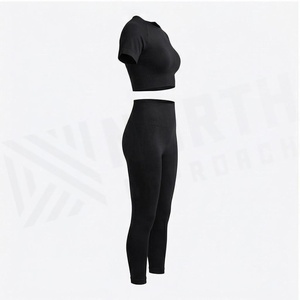 Ensemble de yoga 2 pièces North Approach, haut court noir uni, leggings taille haute, tissu respirant, sans couture, vêtements de sport pour femmes - Product Image 3